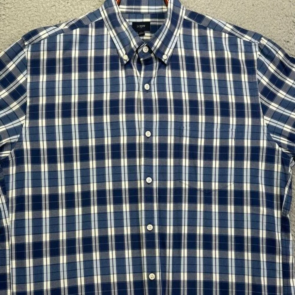 J Crew Button Down Shirt Adult Large Blue White Plaid Long Sleeve Pocket Mens